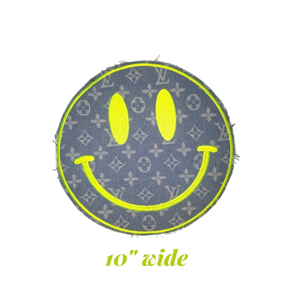 Large Luxury Fashion Denim Smiley Face Iron on Patch 10" - Picture 1 of 2